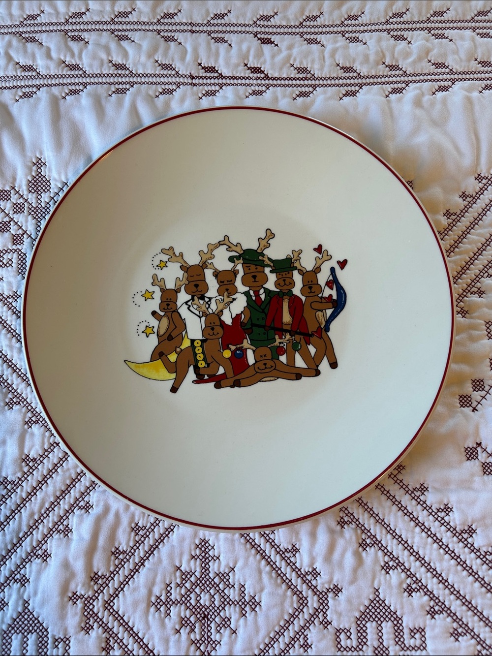 Ltd Commodities Reindeer Ceramic 12.5 inch Serving Platter in White with Red Rim